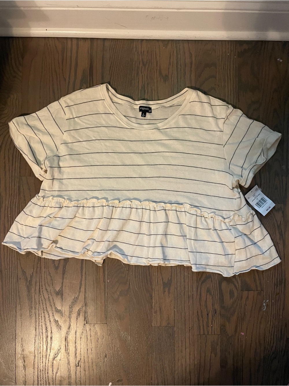 Striped Cream Ruffle-Hem Top by Originality